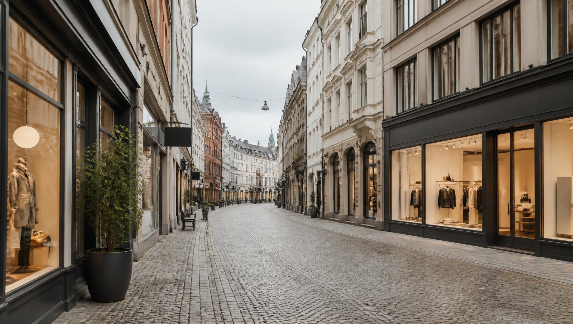 Nordic street with shop and restaurant frontages