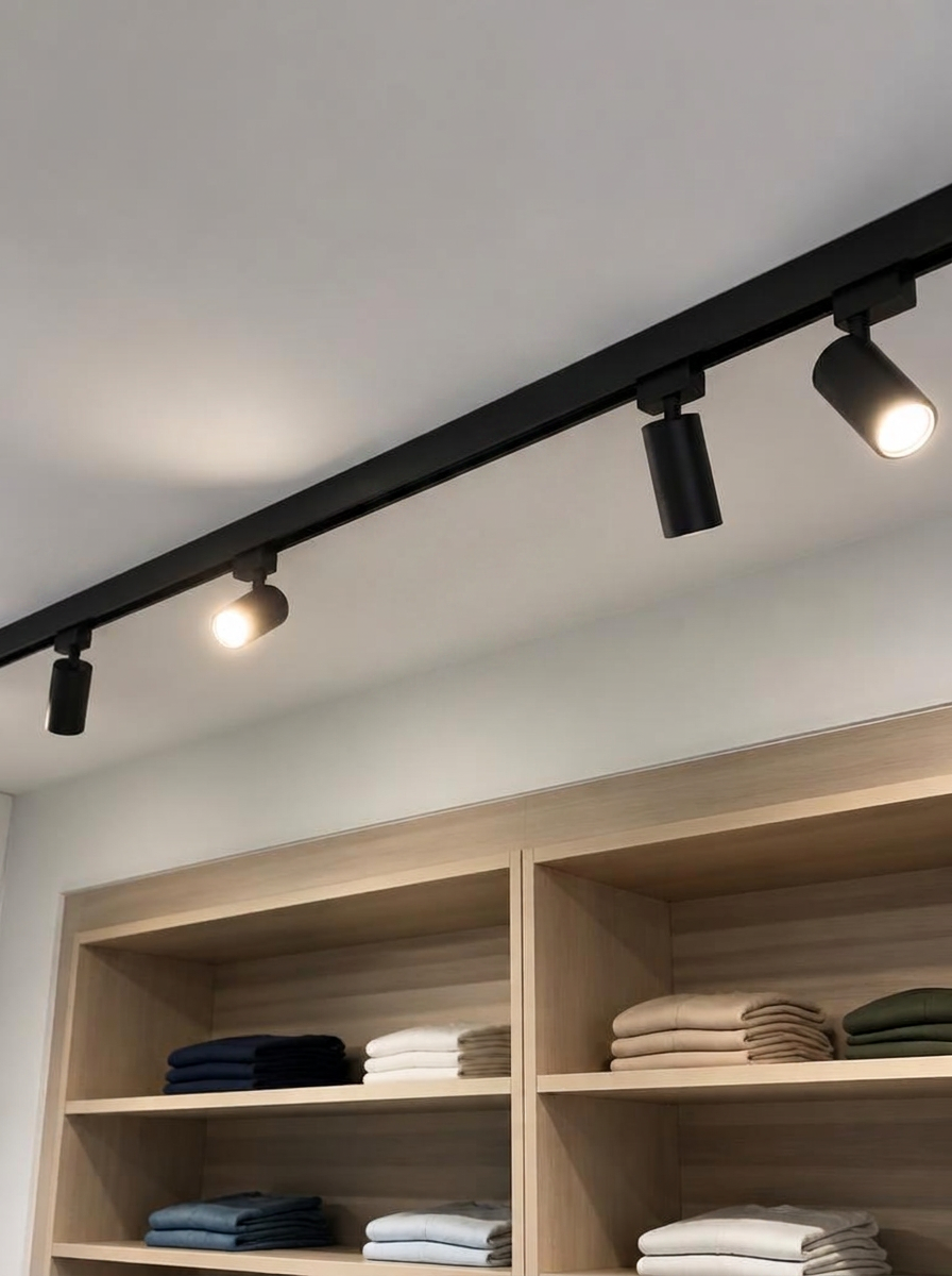 Lighting track with two dark spotlight heads